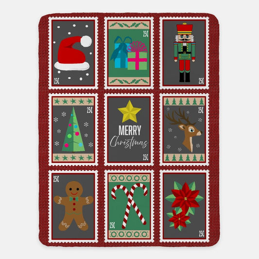 Christmas Stamps on Cranberry Sherpa Blanket - 60" x 80" - Gifternaut