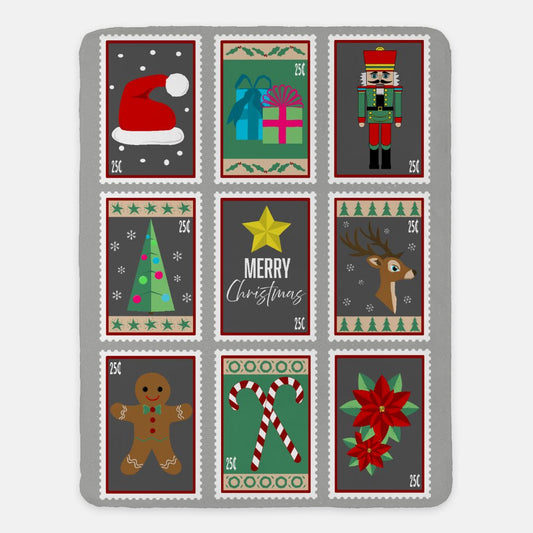 Christmas Stamps on Snow Grey Sherpa Blanket - 60" x 80" - Gifternaut