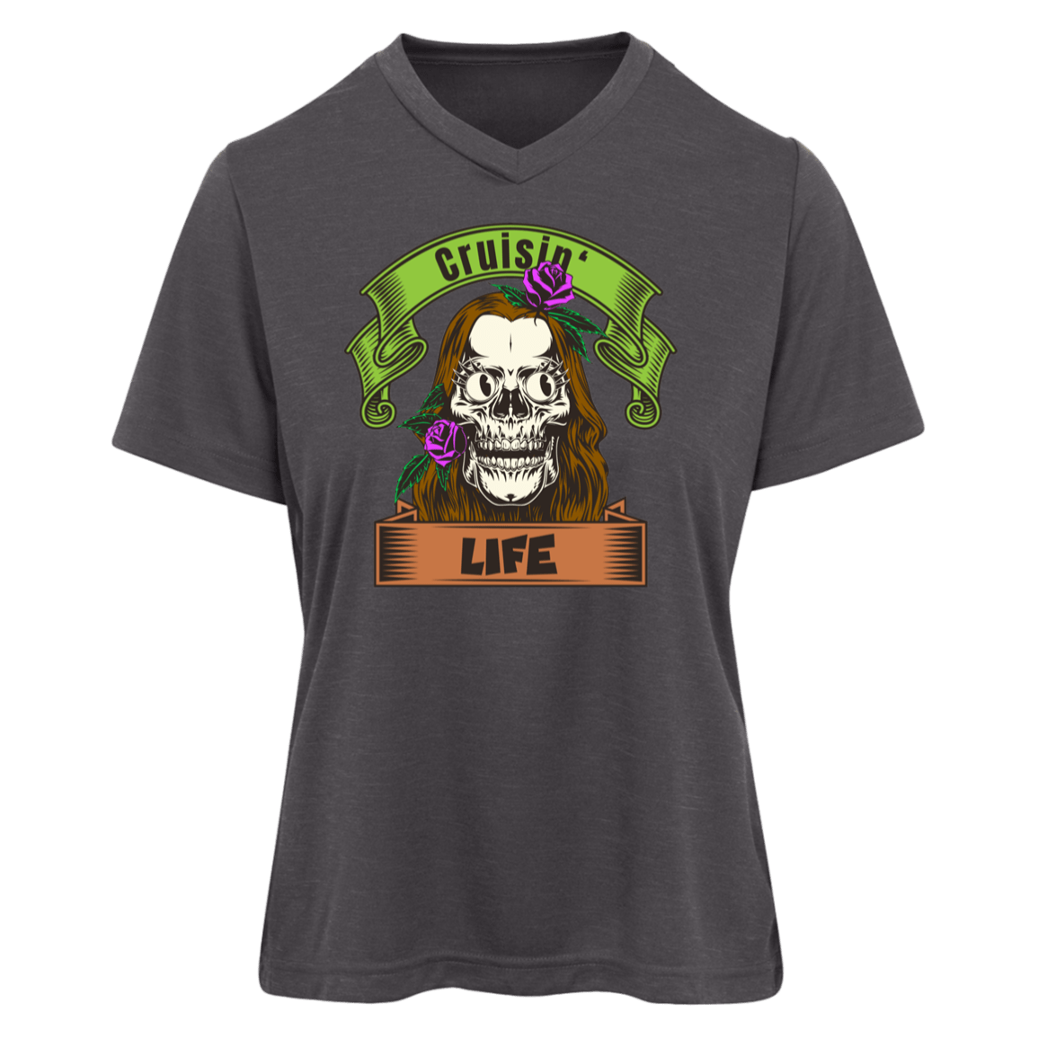 Cruisin' Life Skull Dark Hair Womens Tee - Gifternaut