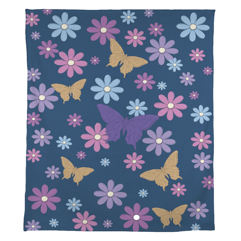 Flowers & Butterflies on Blue Soft Fleece Blanket 50" x 60" - Gifternaut