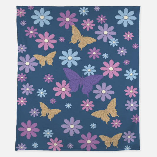 Flowers & Butterflies on Blue Soft Fleece Blanket - 50" x 60" - Gifternaut