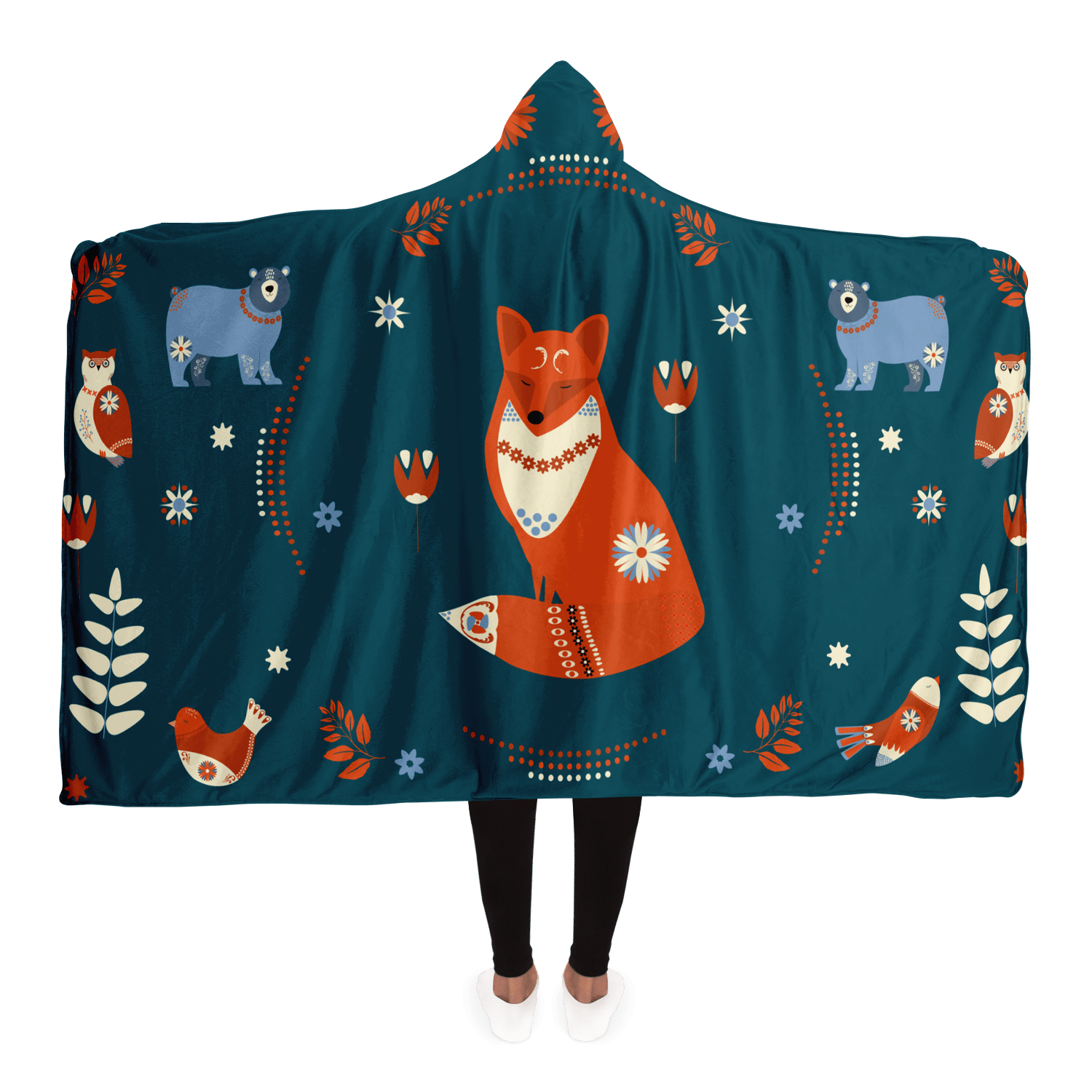 Folk Art Cute Fox Hooded Blanket - Gifternaut